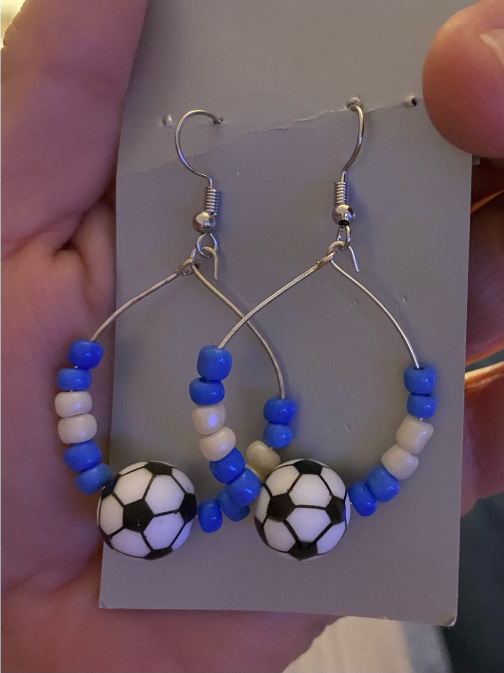 Blue and White Soccer Bead Hoop Earrings